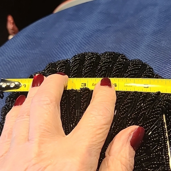 Beaded evening bag. Lovely black satin and beads gold clasp. Sz. 6"x6". (#1315) - Picture 7 of 14